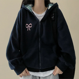 Check lining ribbon fleece hooded zip-up
