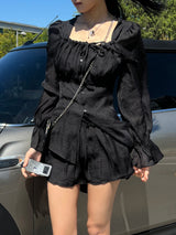 Ribbon puff strap blouse skirt pants setup SET (3 colors)
