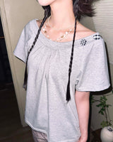 (2color) Check Back Ribbon Off-Shoulder Short Sleeve Tee