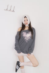 ローズエンジェルオーバーサイズフィットオフショルダーロングスリーブTシャツ