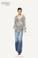 Leopard see-through frill blouse