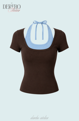 ブルー ホルター ブラウン ショートスリーブ Tシャツ