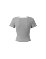 Rosy Lace Slim Rib Knit Short Sleeve Cardigan Gray