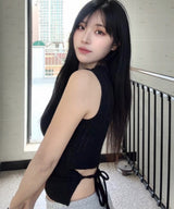 Back Ribbon Sleveless Knit_black [brooch set]