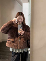 wool no collar brown button fur jacket