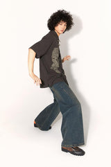 New Chinese-style applique embroidered button-down loose short-sleeved shirt