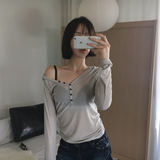 ゴーイング Vネック ボタンフロント フーデッド テンセル ロングスリーブ Tシャツ
