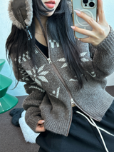 スノーフラワーカラーノルディックツーウェイジッパーニットジップアップ❤🖤🤎🩶🤍5カラー