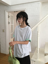 [unisex] Blanc Loose Fit Sleeve Color Matching Button Roll-Up Short Sleeve T-shirt