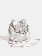 Silver woven chain bucket shoulder crossbody bag