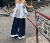 Lace Dark Denim Banded Waist Wide Pants