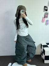 HOT HEAT 🔥 PADDING CARGO OVER UNISEX LONG PANTS🩶🖤2COLOR