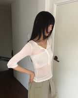 チュギボタンシースルースリークォータースリーブTシャツ