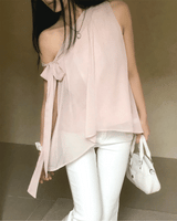 Lovie Unbal One-Shoulder Ribbon Chiffon Blouse