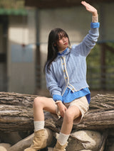 Wavy Collar Cable Merino Cardigan (Light Blue)