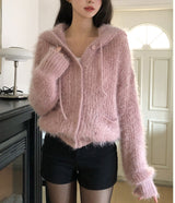 Winter Angora Knit Hooded Cardigan