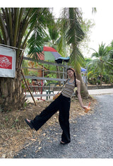 Lace Black Side Shirring Casual Pants