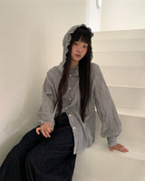 Juring frill checkered hooded long-sleeve shirt