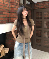[Scarf SET] Mocha Lace Ribbed Short Sleeve Set