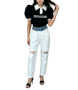 カラー レタリング プリント パフスリーブ スリムフィット Tシャツ