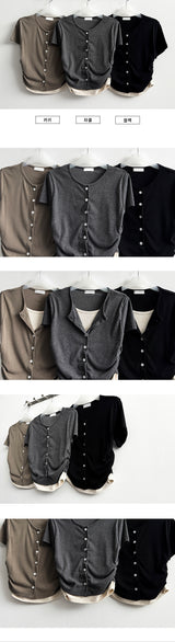 Dinfu Side Shirring Layered Cardigan Short-Sleeved T-Shirt