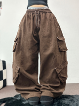 FLEECE/STRING TWO CARGO RIVET WIDE BALLOON LONG PANTS💚🤎🖤🩶4COLOR