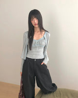 Seleo Shirring Lace Ribbon クロップド長袖ノースリーブカーディガンセット