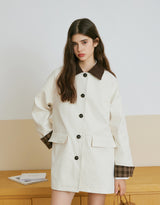 Preppy Checkered Sleeve Midi Trench Coat Ivory