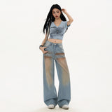 Light blue gradient blush washed straight leg floor-length jeans