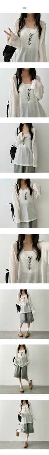 Flon Linen シースルーVネックロングスリーブTシャツ