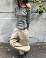 Two-Fit Stripe Unbalanced Strap Long-Sleeved T-Shirt