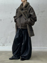 RELABEL Spatial Relations (Sun Shadow) Detachable, Adaptable Scarf Hood Full-Wool Pleated Leather MA-1 Pilot Jacket