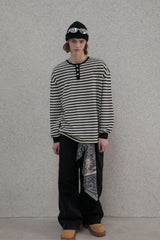 ストライプヘンリーネックTシャツ - Black