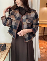 LT Round-Neck Color Matching Check Tweed Jacket
