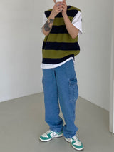Stripe round neck knit vest 2C