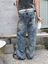 [SET UP가능] キッチスリットワイドデニムパンツ