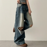 Andy Knee Damage Cutting Deep Washed Denim Wide Pants