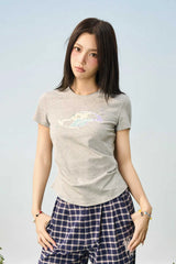 フローラルパッチプリーツスリムTシャツ