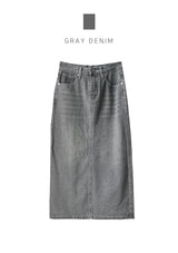 SALE! Gray washed denim back slit H-line long skirt (Gray)