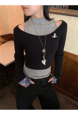 リップネックレイヤードロングスリーブチェックTシャツ