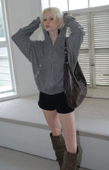 C HOODED KNIT ZIP-UP_GRAY