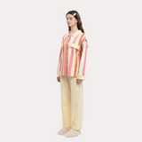 バイブラント オレンジ コントラスト ストライプ ロング スリーブ パジャマ セット - 95% Cotton Cozy Sleepwear