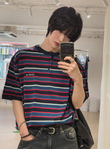 ノラストライプヘンリーネックショートスリーブニット