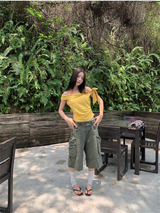 Unbalanced Color Off-Shoulder Strap Stripe Tee