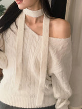 Laura Twist Loose V-neck Wool Knit +Tie Set (6color)