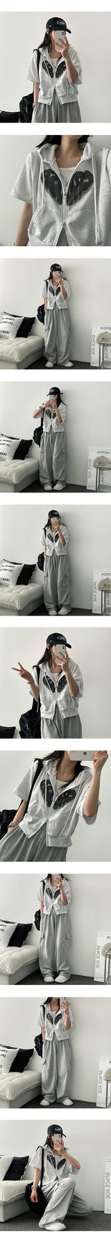 Reddit two-way crop short-sleeved hooded zip-up