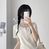 ルーズスリムフィット💫カラーリングレイヤードUネックシャーリングボタンデイリーTシャツ(6 colors)
