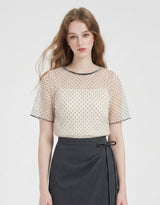 Lilian Back Ribbon Dot Sheer Layered Top Ivory