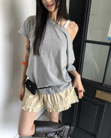 テルマシルバースタッドルーズフィットオフショルダー半袖Tシャツ