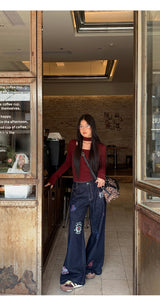 Stamp dark blue straight denim pants